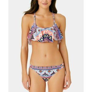 California Waves- Far Away Vacay Printed Strappy Bikini Set, Multi-color, M, NWT